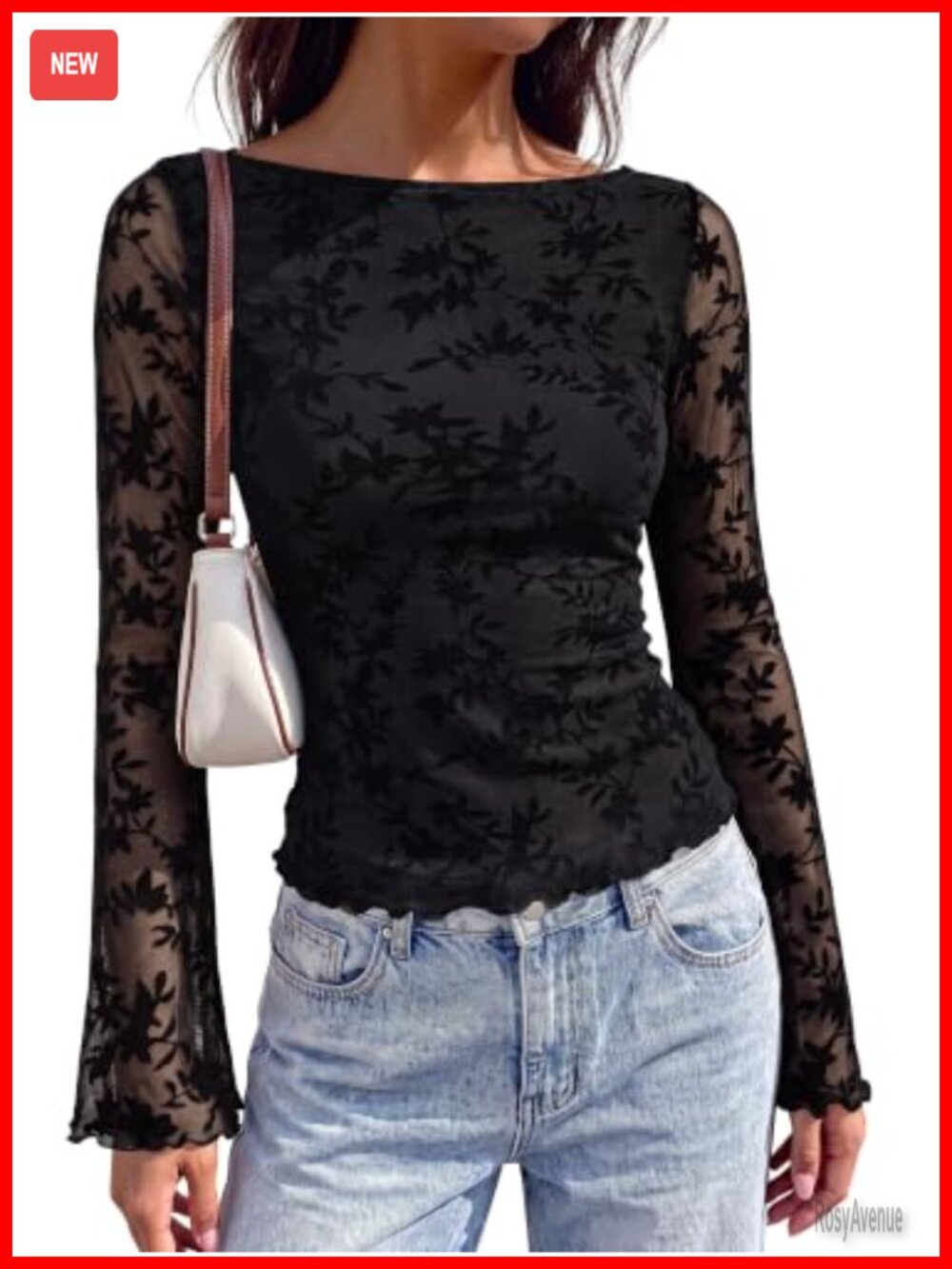Floral Boat Neck Mesh Top Dressy Long Sleeve Going Out Tee